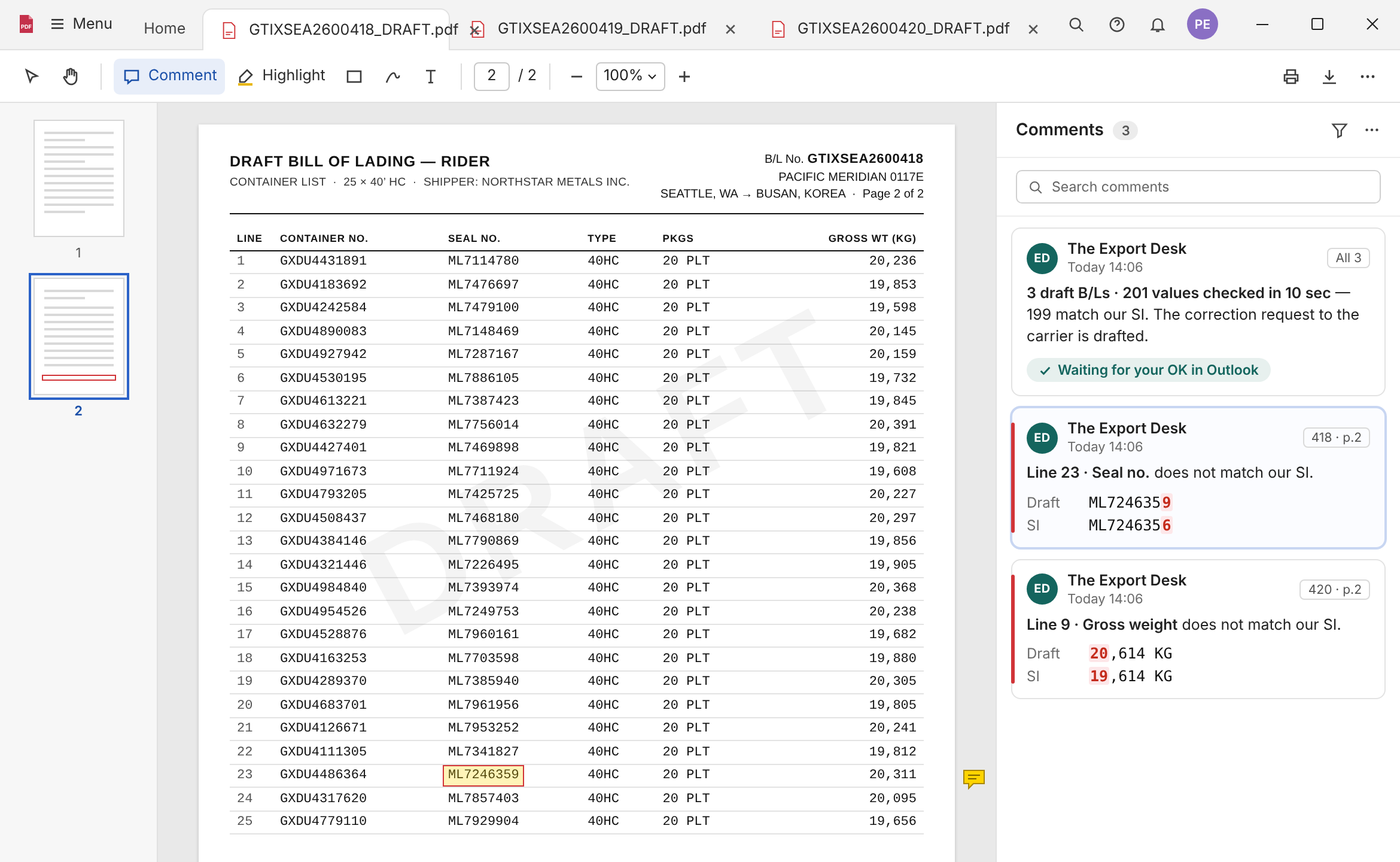 PDF viewer: one of the carrier&rsquo;s three draft B/Ls, with the two values that disagree with our SI marked and a note that all 201 values were checked