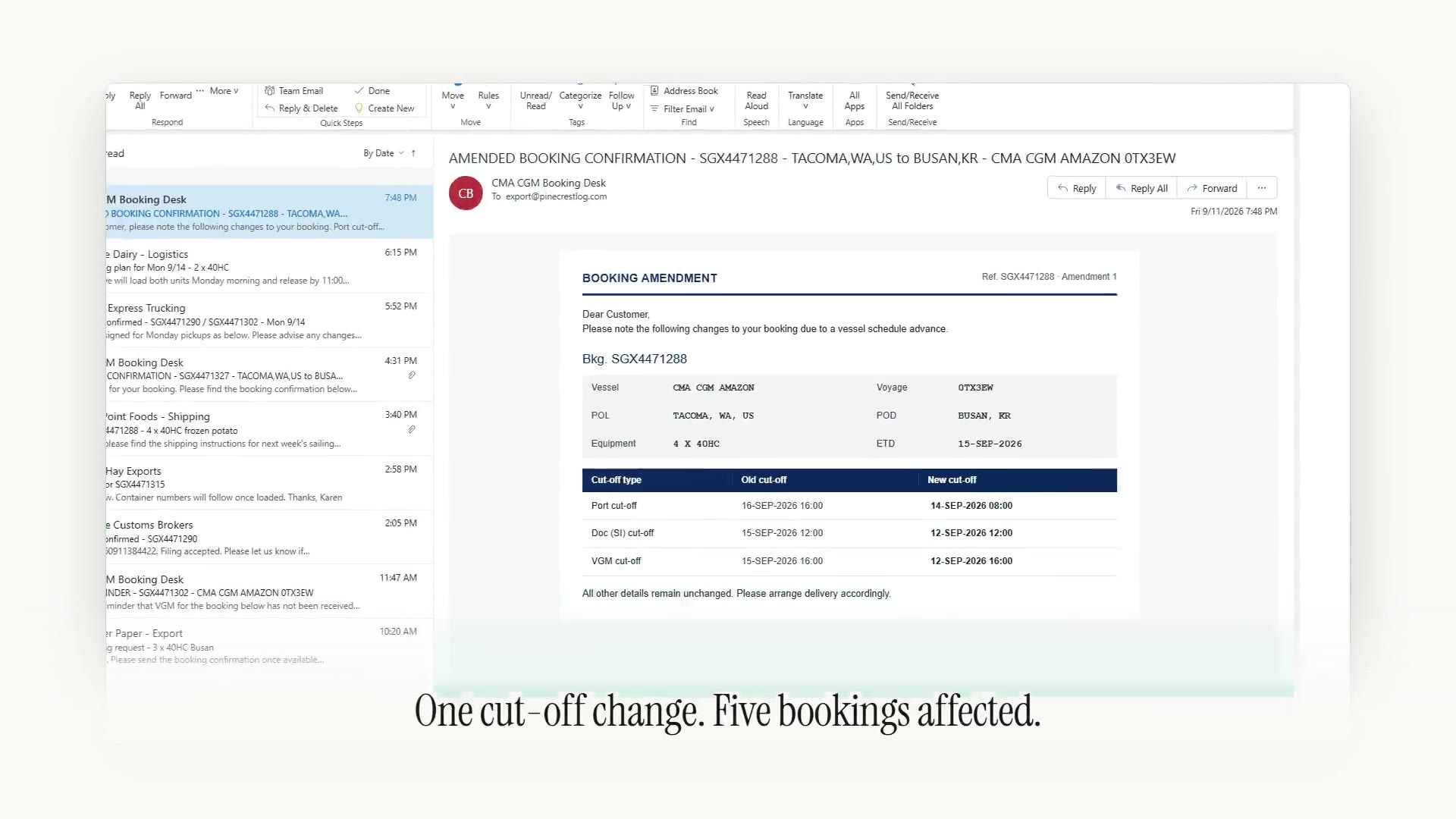 The Export Desk demo — a carrier email moves the cut-off