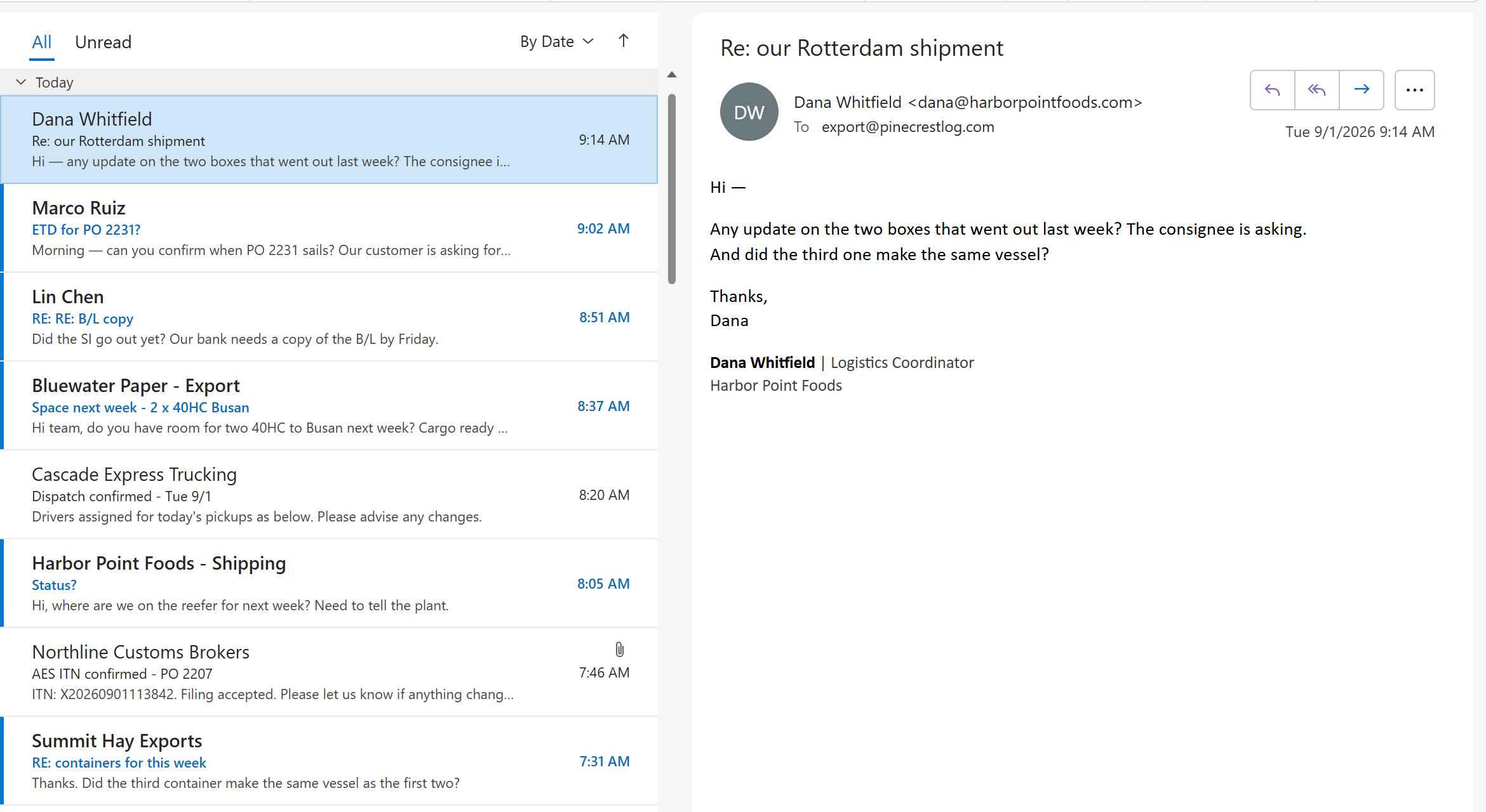 Outlook inbox: a one-line customer email asking for an update on two containers