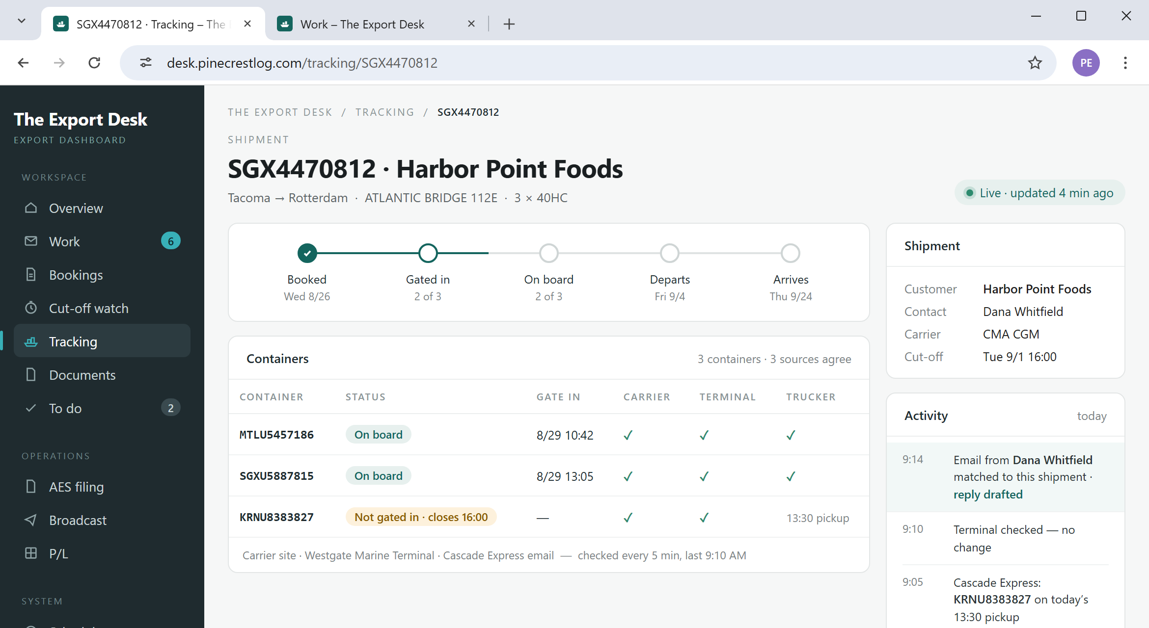 The Export Desk dashboard: one shipment, three containers, carrier, terminal and trucker already in one place