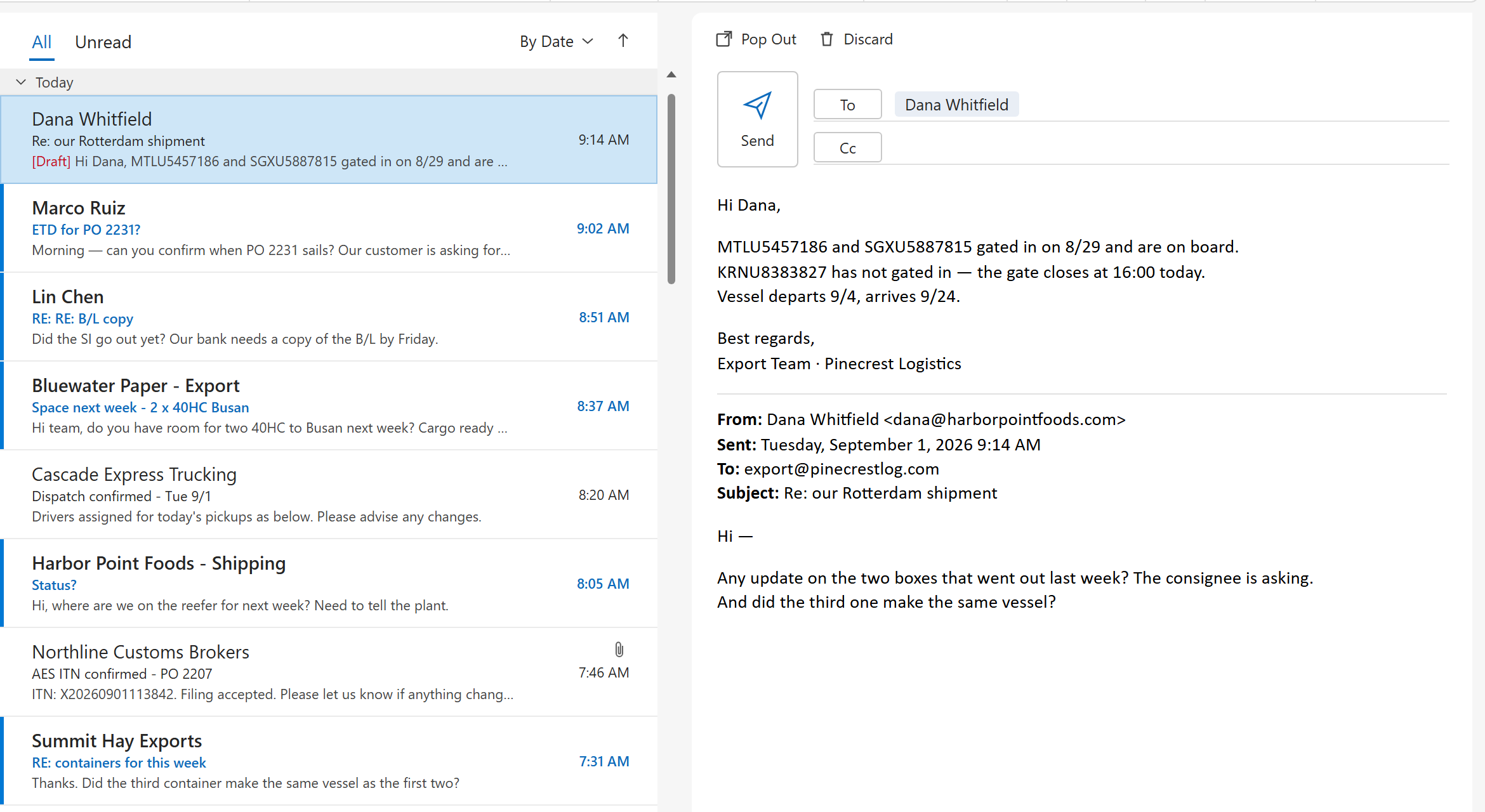 Outlook with the reply to the customer already drafted, waiting for Send